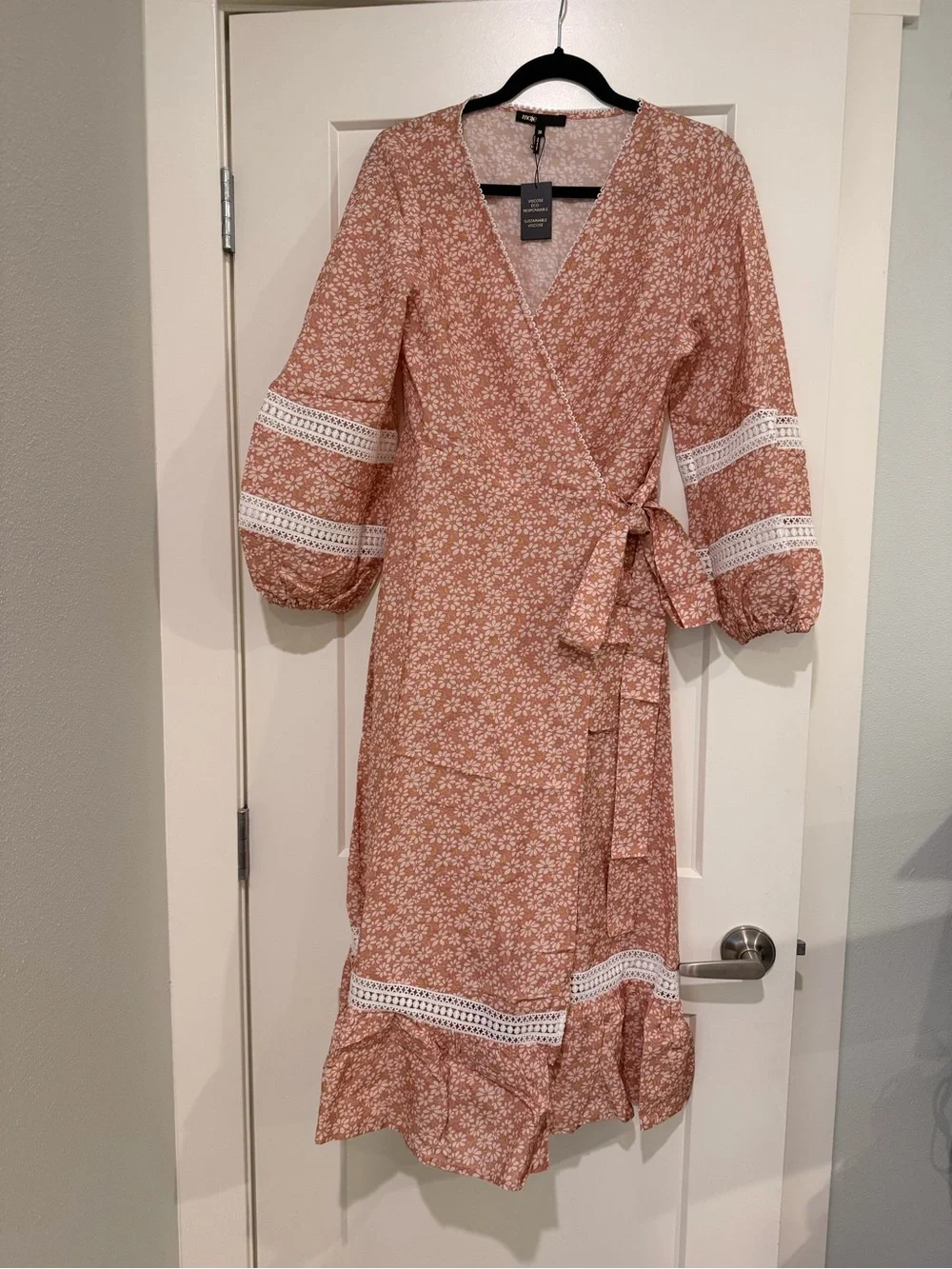 Maje Peach Floral Midi Dress Wrap with Lace Trim - Picture 3 of 5
